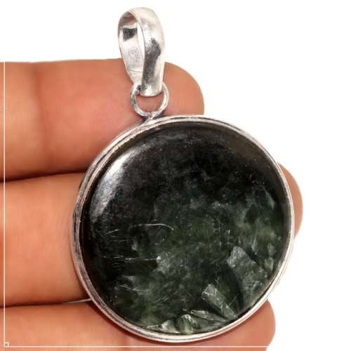 Natural Seraphinite Gemstone .925 Sterling Silver Pendant