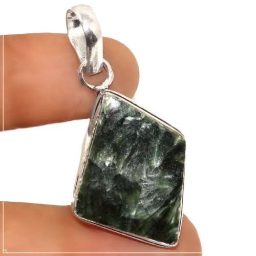 Natural Seraphinite Diamond Shape Gemstone set in .925 Sterling Silver Plated Handmade Pendant