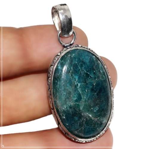 Natural Blue Apatite Oval Gemstone set in .925 Sterling Silver Plated Handmade Pendant