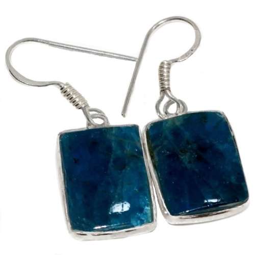 Natural Neon Blue Apatite Rectangle Gemstone set in .925 Sterling Silver Plated Dainty Earrings