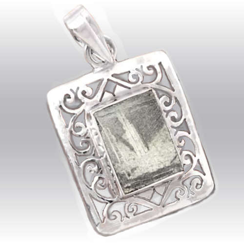 Rare Gibeon Meteorite Rectangle set in Solid .925 Solid Sterling Silver with Scroll Border Pendant