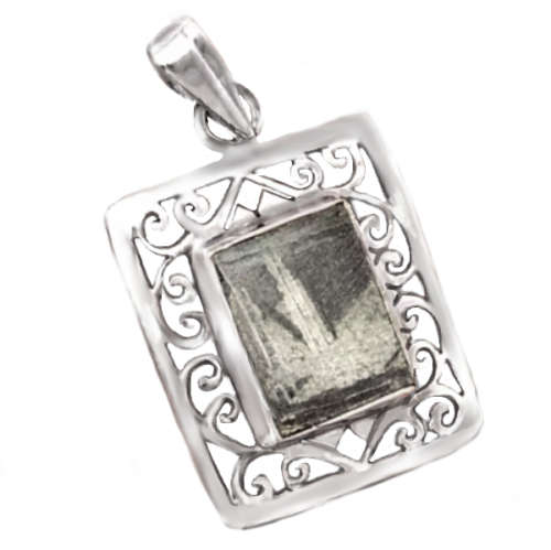 Rare Gibeon Meteorite Rectangle set in Solid .925 Solid Sterling Silver with Scroll Border Pendant