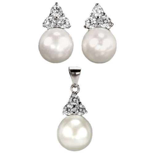 Natural White Pearl, White CuBic Zirconia  Solid .925  Sterling Silver Pendant and Earrings