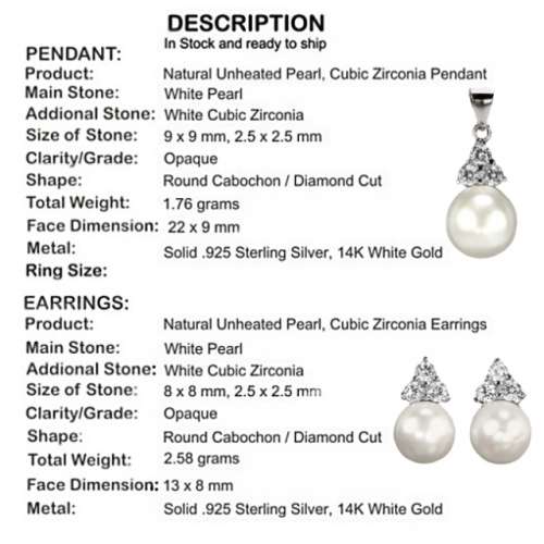 Natural White Pearl, White CuBic Zirconia  Solid .925  Sterling Silver Pendant and Earrings