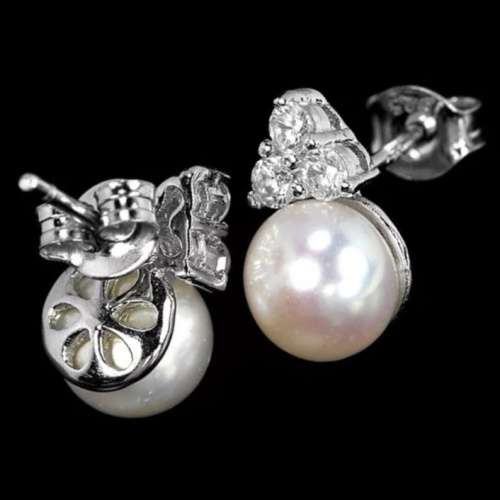 Natural White Pearl, White CuBic Zirconia  Solid .925  Sterling Silver Pendant and Earrings