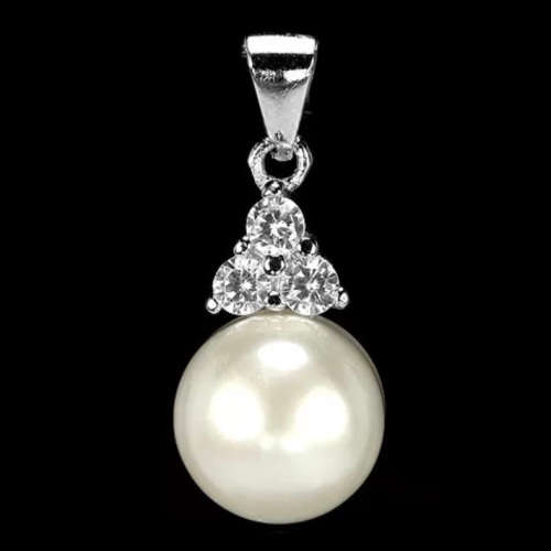 Natural White Pearl, White CuBic Zirconia  Solid .925  Sterling Silver Pendant and Earrings