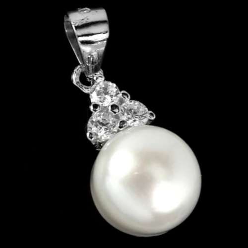 Natural White Pearl, White CuBic Zirconia  Solid .925  Sterling Silver Pendant and Earrings