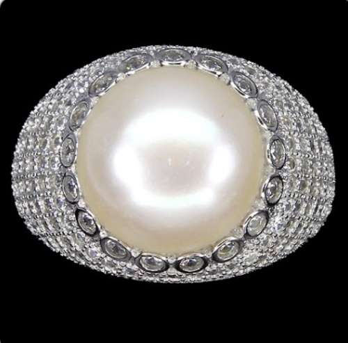 Deluxe Natural Creamy White Pearl and White Cubic Zirconia Solid .925 Sterling Silver Size 7.5 or P