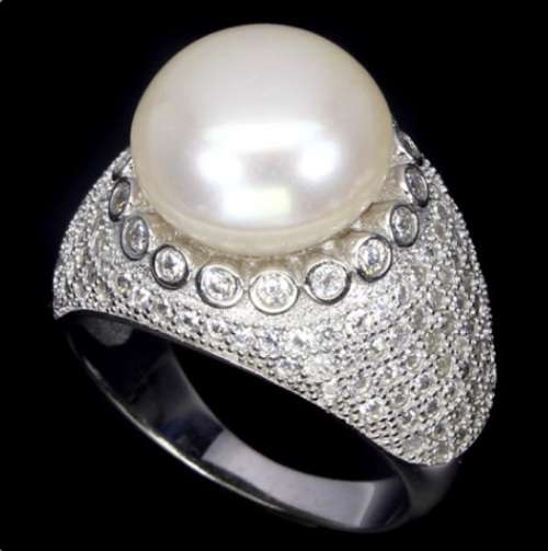 Deluxe Natural Creamy White Pearl and White Cubic Zirconia Solid .925 Sterling Silver Size 7.5 or P
