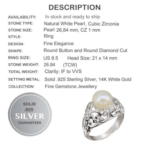 Spectacular Elegance 26.84 cts Natural  Creamy White Pearl , AAA CZ Solid .925 Silver Size 8.5