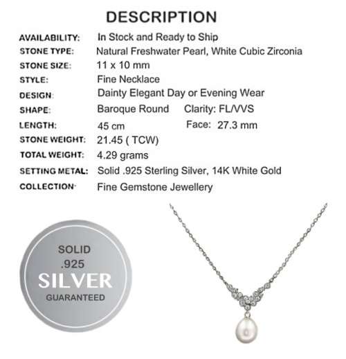 21.45 cts Dainty Freshwater Pearl AAA White CZ in Solid. 925 Sterling Silver 14K W/Gold Necklace