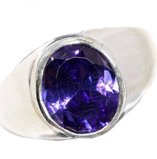 Round Purple Amethyst set in .925 Sterling Silver Plated Handmade Ring Size US 10 /  T 1/2
