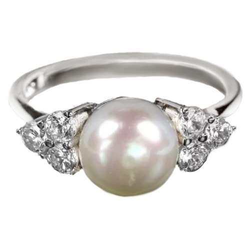 Natural White Pearl Diamond Cut CZ set in Solid .925 Sterling Silver 14K White Gold Ring Size 6 / M
