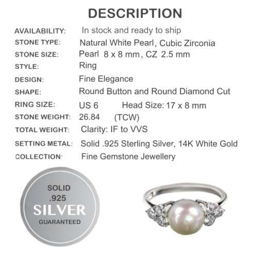 Natural White Pearl Diamond Cut CZ set in Solid .925 Sterling Silver 14K White Gold Ring Size 6 / M