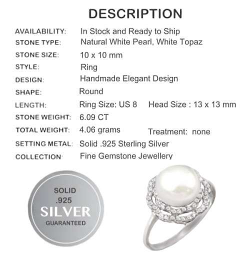 6.09 cts Natural White Pearl , White Topaz set in Solid .925 Sterling Silver Size 8 or Q