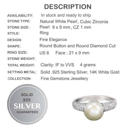 Elegant AAA Natural 9 mm White Pearl, Cr. Diamonds Solid .925 Sterling Silver Size 8 or Q