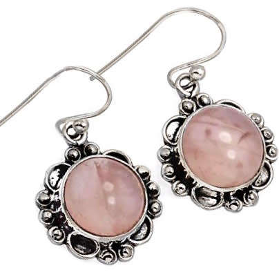 Natural Rose Quartz Round Gemstone set in Solid .925 Sterling Silver Dainty Earrings