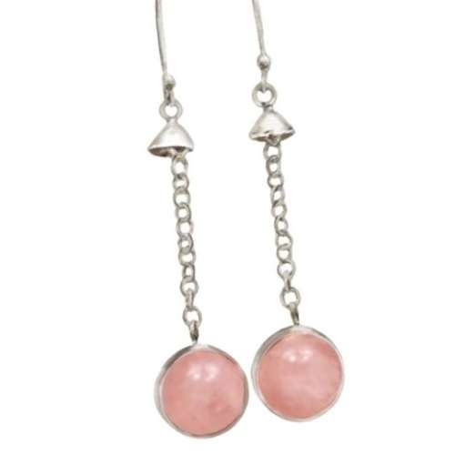 Natural Pink Rose Quartz Round Sphere set in  Solid .925 Sterling Silver Drop Dangle Earrings