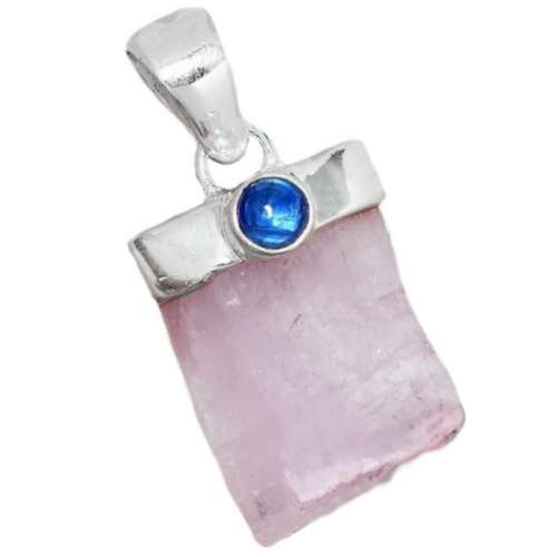 Natural Rough Kunzite and Kyanite Gemstone set in Solid.925 Sterling Silver Pendant + Chain