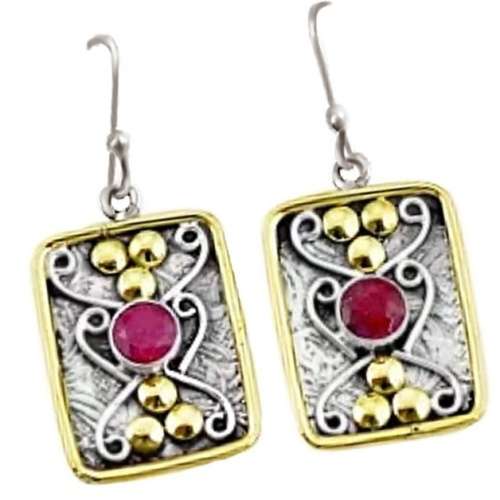 Victorian Two-Tone Indian Ruby Gemstone set in Solid .925 Sterling Silver Antique Style Earrings