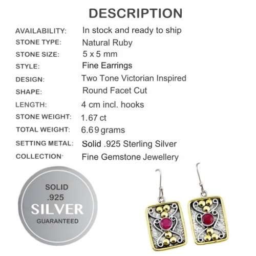 Victorian Two-Tone Indian Ruby Gemstone set in Solid .925 Sterling Silver Antique Style Earrings