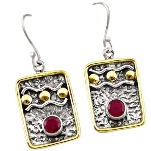 Two-Tone Indian Ruby Round Gemstone set in Solid .925 Sterling Silver Victorian Style Earrings