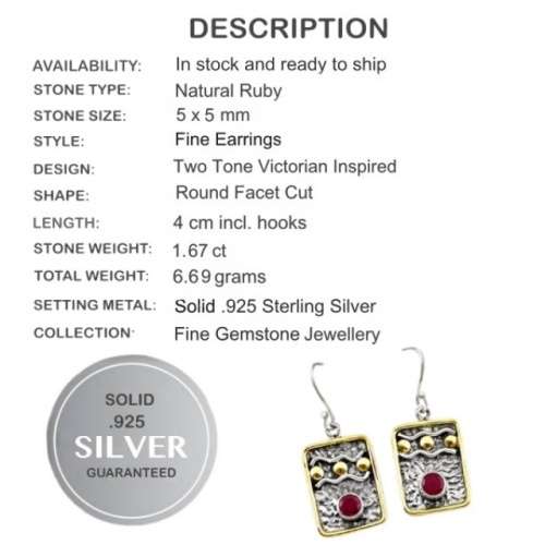 Two-Tone Indian Ruby Round Gemstone set in Solid .925 Sterling Silver Victorian Style Earrings