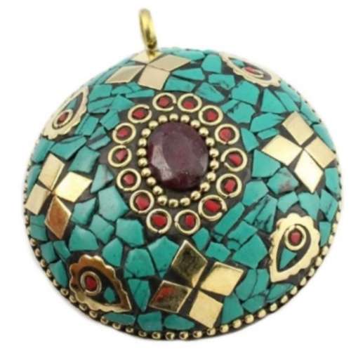 NepalI Natural Ruby,Turquoise, Coral Gemstone set in  Solid Brass Pendant