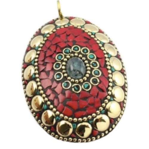 Natural Nepalese Aquamarine, Coral, Malachite Gemstone set in Solid Brass Pendant