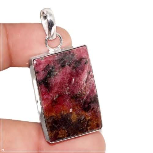 Handmade Natural Rhodonite Rectangle Gemstone set in 925 Sterling Silver Plated Handmade Pendant