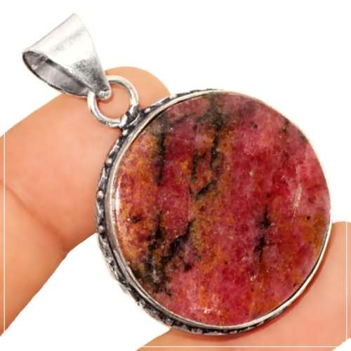 Natural Rhodonite Round Gemstone 925 Sterling Silver Plated Handmade Pendant