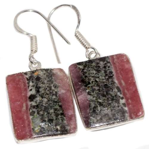 Natural Rhodochrosite Rectangle Gemstone .925 Sterling Silver Plated Handmade Earrings