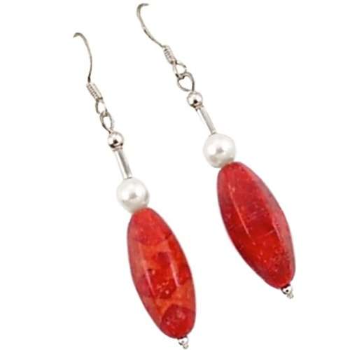 13.66 cts Natural Faceted Red Sponge Coral, White Pearl in Solid .925 Sterling Silver Earrings