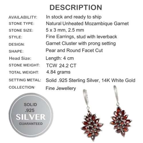 36 Natural Deep Red Mozambique Garnet Gemstone Solid .925 Sterling Silver Earrings