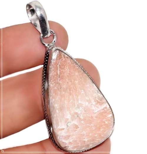Iceland- Natural Scolecite Crystal Pear Shape Gemstone  .925 Sterling Silver Plated Handmade Pendant