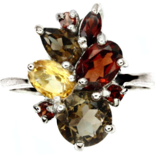 Natural Smoky Topaz, Garnet, Citrine in Solid .925 Sterling Silver 14K White Gold Ring Size US 7.25