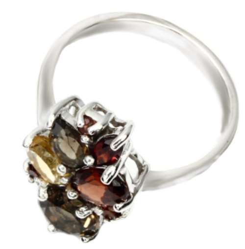 Natural Smoky Topaz, Garnet, Citrine in Solid .925 Sterling Silver 14K White Gold Ring Size US 7.25