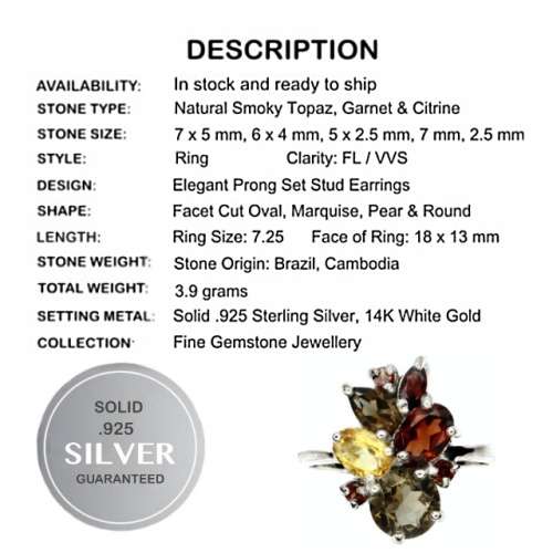 Natural Smoky Topaz, Garnet, Citrine in Solid .925 Sterling Silver 14K White Gold Ring Size US 7.25