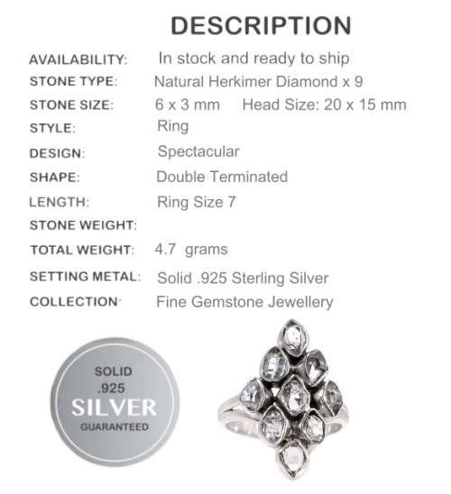 Real Stones Herkimer Diamond Solid Sterling Silver Ring Size 7 or O
