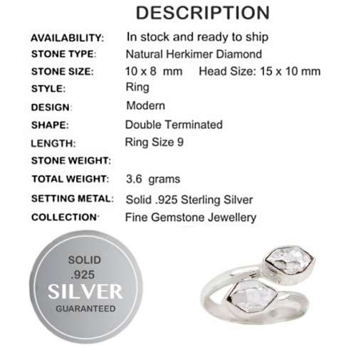 Natural Herkimer Diamond Solid Sterling Silver Ring Size US 9 or R