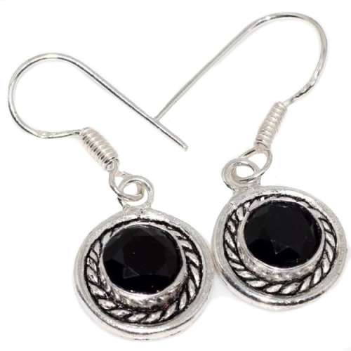 Black Onyx Round set in .925 Sterling Silver Plated Antique Style Dainty Earrings