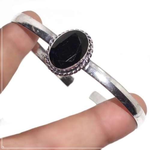 Handmade Black Onyx Gemstone set in .925 Sterling Silver Plated Antique Style Adjustable Bangle