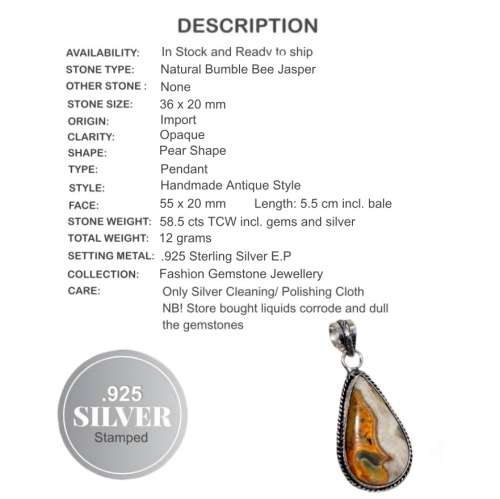 Natural Bumble Bee Jasper Pear Gemstone set in .925 Sterling  Silver Plated Handmade Pendant