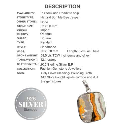 Natural Bumble Bee Jasper Square Gemstone set in .925 Sterling Silver Plated Pendant