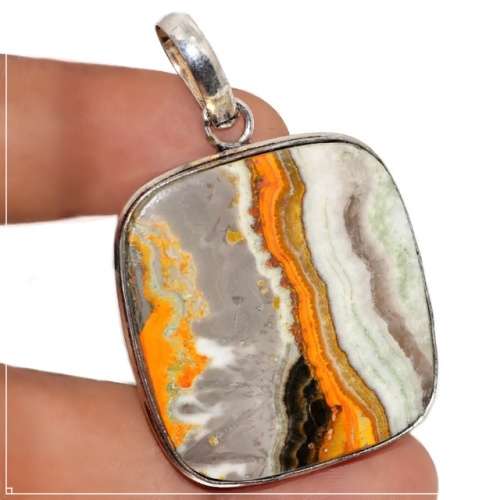 Natural Bumble Bee Jasper Square Gemstone set in .925 Sterling Silver Plated Pendant
