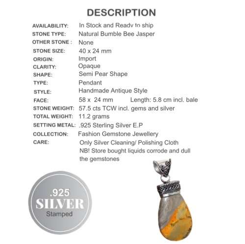 Natural Bumble Bee Jasper Semi Pear Gemstone set in .925 Sterling Silver Plated Pendant