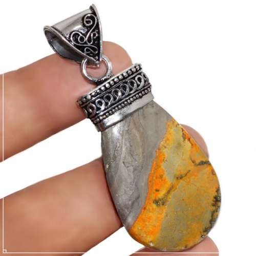 Natural Bumble Bee Jasper Semi Pear Gemstone set in .925 Sterling Silver Plated Pendant