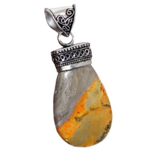 Natural Bumble Bee Jasper Semi Pear Gemstone set in .925 Sterling Silver Plated Pendant