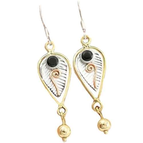 Two Tone  Natural Black Tourmaline Gemstone set in Solid .925 Sterling Silver Drop Dangle Earrings