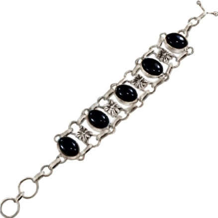 Black Onyx Oval Gemstones set in .925 Sterling Silver Plated Handmade Adjustable Bracelet